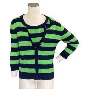 Talbots PM Cotton Cardigan 2-PC Twinset Cable Knit Striped Navy Blue & Green 91Q